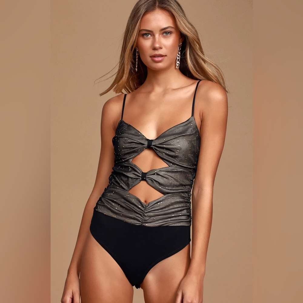 Lulus Number One Fan Black/Gold Mesh Knotted Bodysuit SIZE M